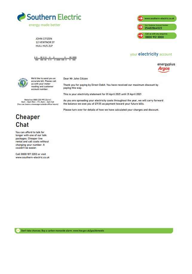 United Kingdom Southern Electric proof of address utility bill template in Word and PDF format